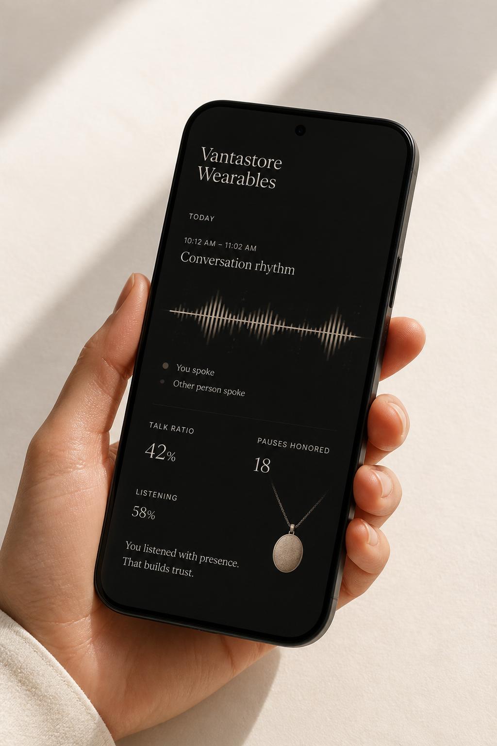 Vantastore Wearables app showing today's conversation rhythm